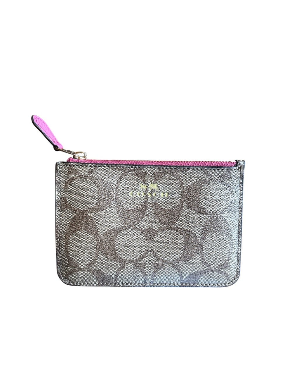 Coach Brown Signature Keychain/Zip Pouch with Pink Trim